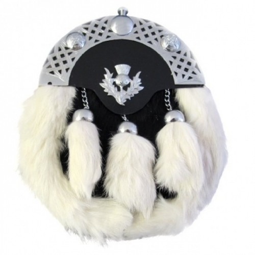 Sporrans Black white rabbit fur Celtic cantle mounted thistle