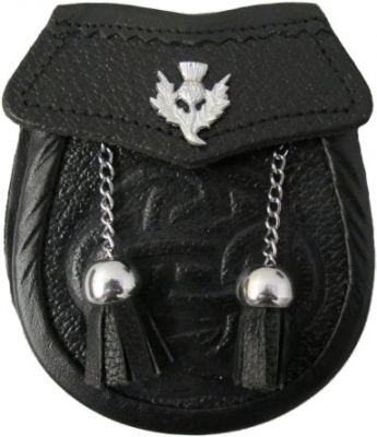 Kids Black Leather Sporrans Thistle Badge On The Flap