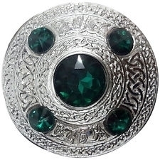 Plaid Brooch Celtic embossed Green Stone Silver finish