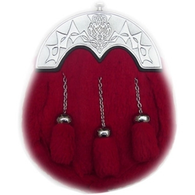 Sporran RED rabbit fur Cantle with Celtic design 3 tassels