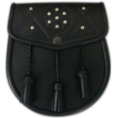 Sporran black leather Celtic Knot design on the flap