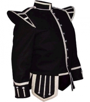 Pipe Band Doublet Black wool Silver piping 8 button Silver braid