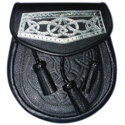 Sporran Black leather Celtic Knot 3 tassels