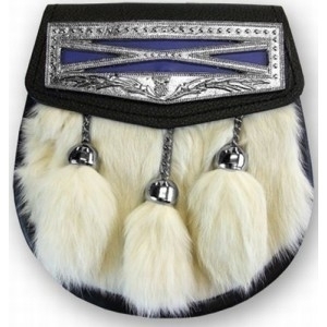 Semi dress fur sporran white Rabbit front with nickel plated cantle