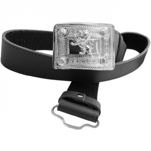 Kilt Belt Black Leather Celtic Knot Silver Buckle Lion Badge