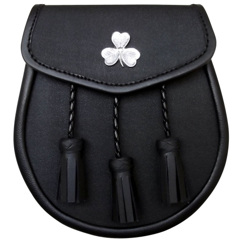 Irish Shamrock Sporran in Black Leather 3 leather tassels