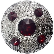Plaid Brooch Celtic embossed RED stone silver