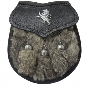 Sporran Grey Rabbit Fur Lion badge flap 3 tassels