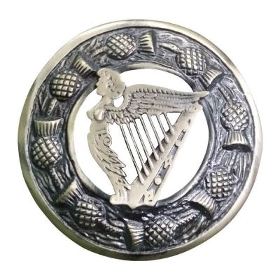 Fly plaid brooch Irish Harp Lady crest Antique finish