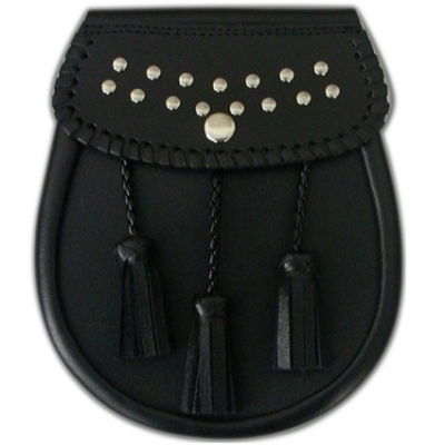 Black Leather Sporran studs design 3 tassels