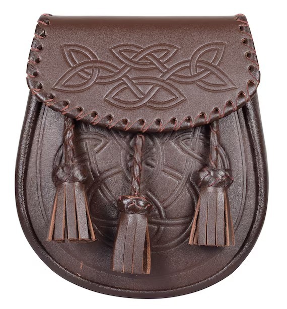 Brown Leather Sporrans: Celtic Embossment & Tri-Tassel Design