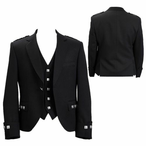 Black Argyll Jacket: Men’s Scottish Pride with Thistle Insignia