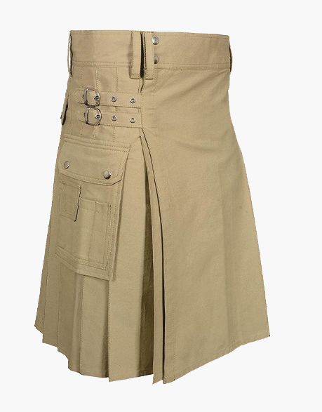 Khaki Utility Kilt | Cotton Cargo Pockets | box pleats