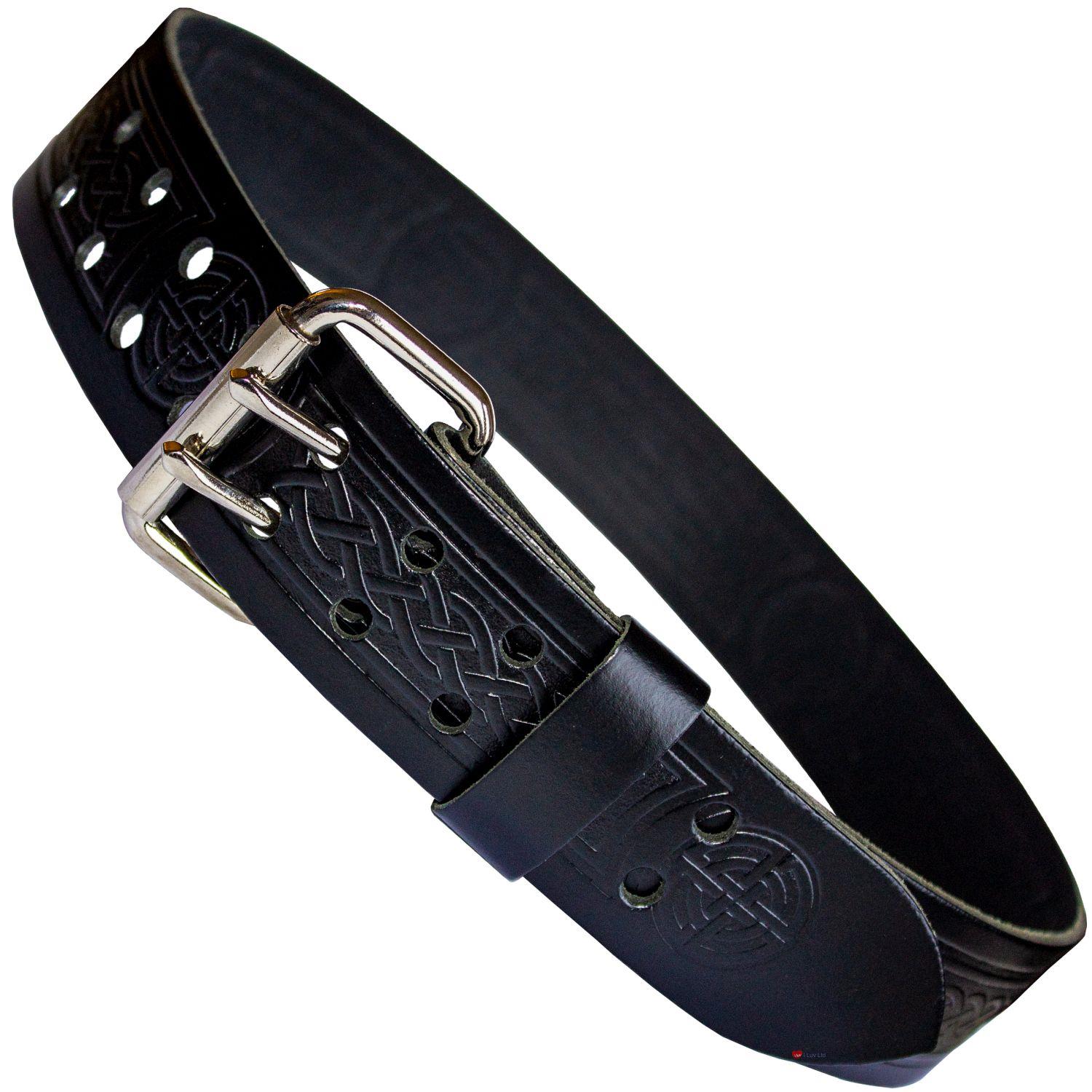 Celtic Pattern Embossed Black Leather Utility Kilt Belt